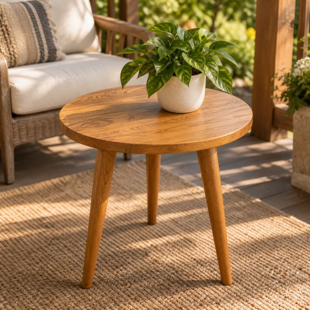 A round oak side table with a small potted plant.