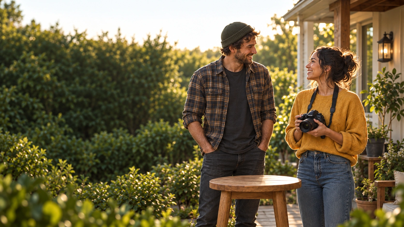Two neighbors talking on a leafy porch, with a camera and an oak side table.